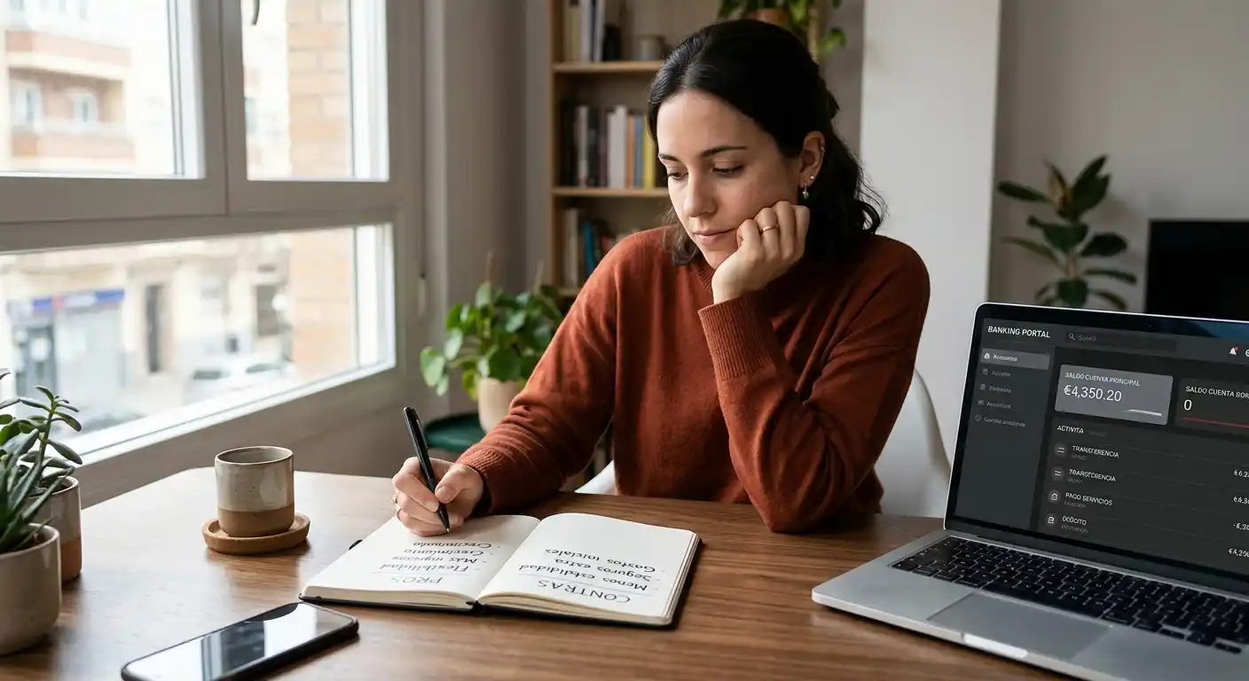 Persona comparando opciones en un cuaderno junto a una aplicación bancaria