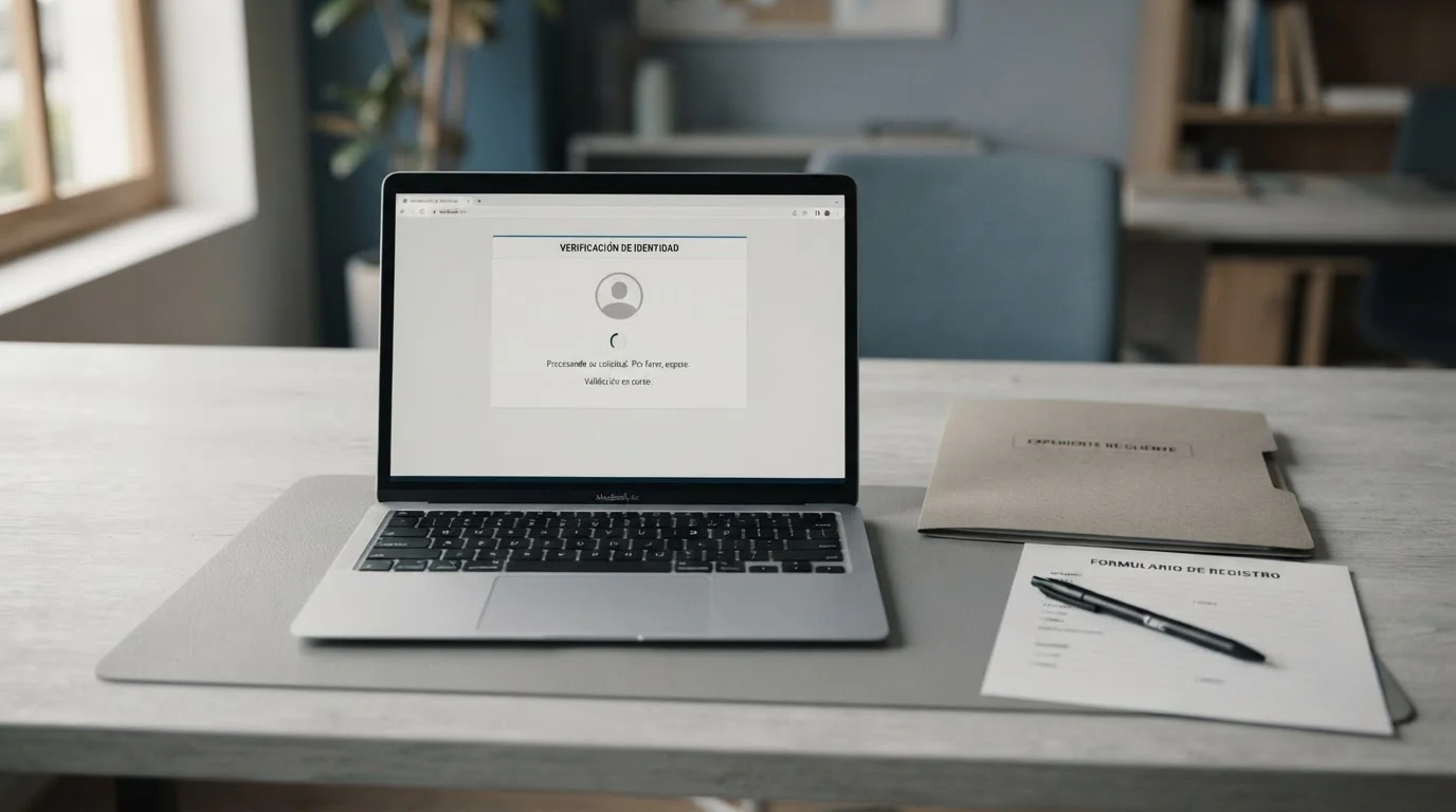 Portátil con una pantalla de verificación junto a una carpeta de documentos