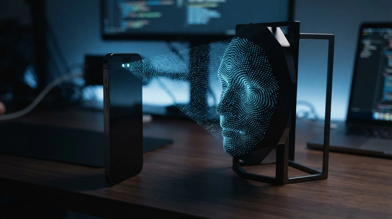 Móvil con puntos luminosos que representan un sistema de reconocimiento facial