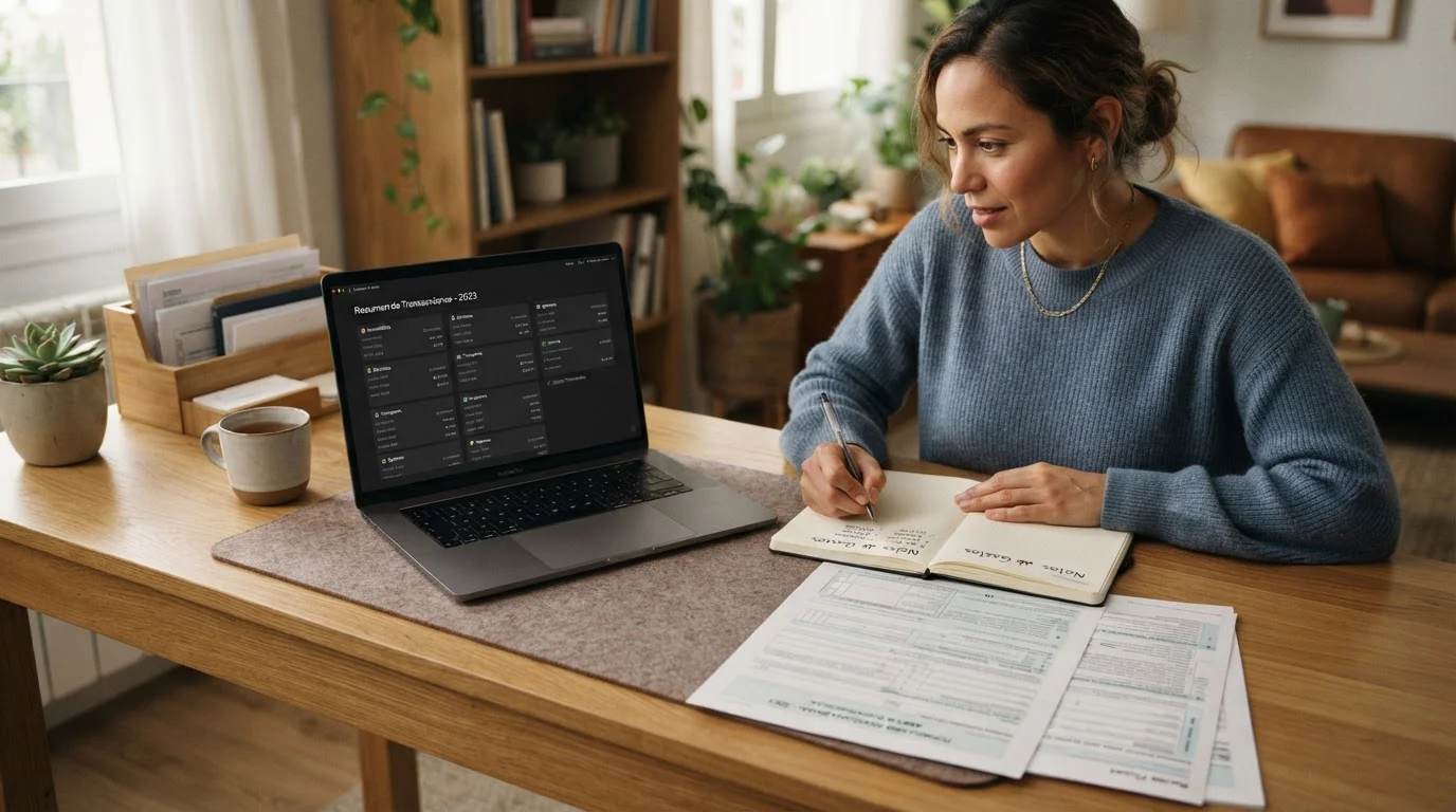 Persona organizando un historial de operaciones con BNB y formularios fiscales