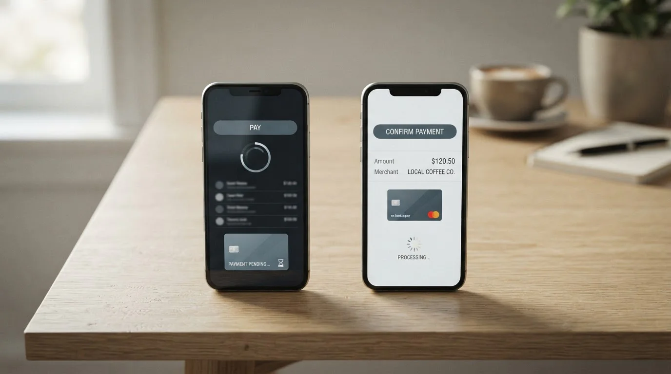 Dos móviles: uno con un monedero digital y otro con una aplicación de pago bancario