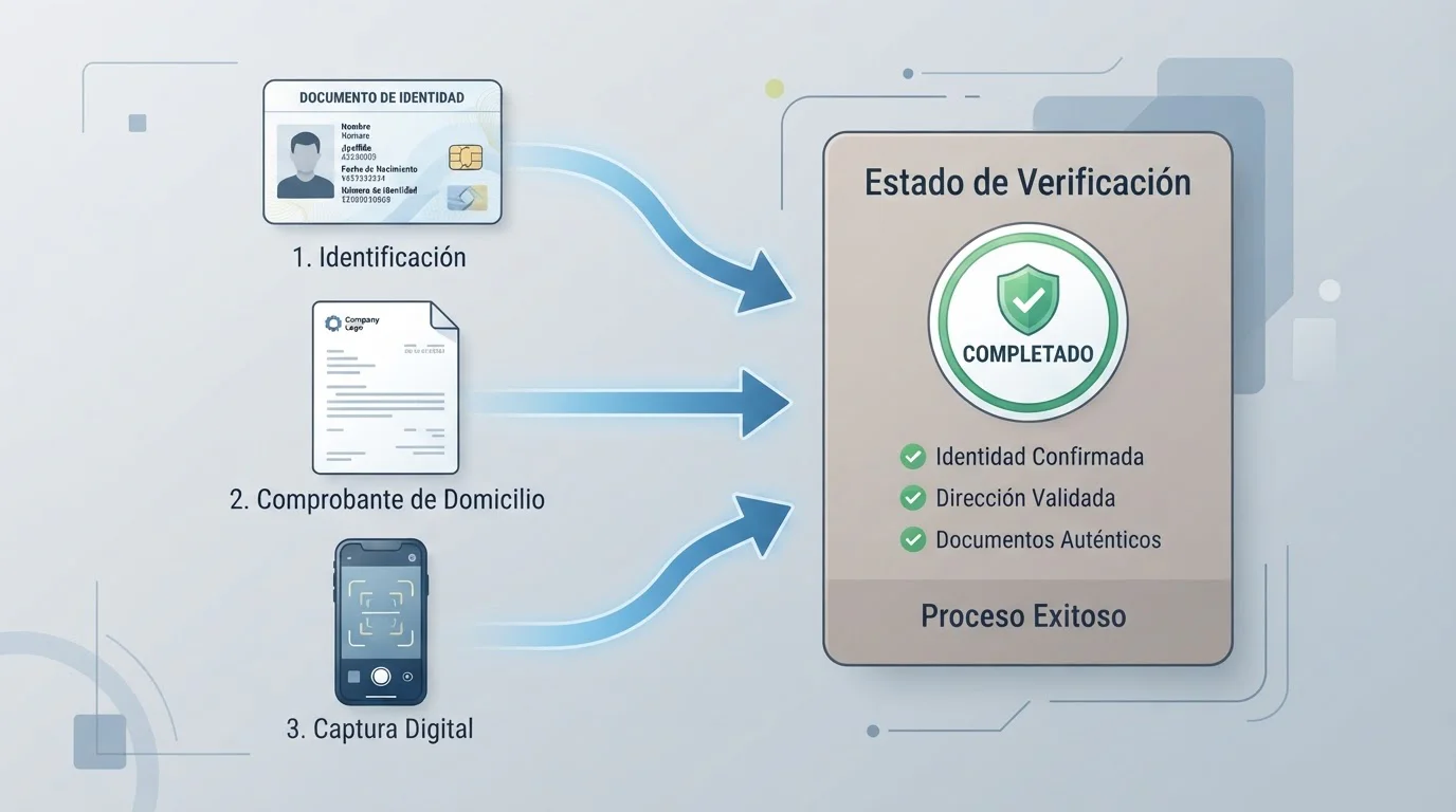 Documento de identidad, justificante de domicilio y móvil conectados en un proceso de verificación