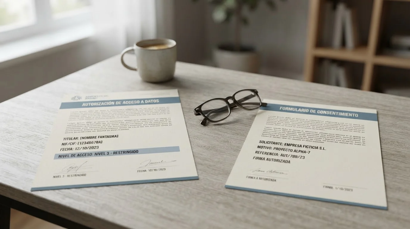 Dos documentos de autorización ilustrativos junto a unas gafas de lectura