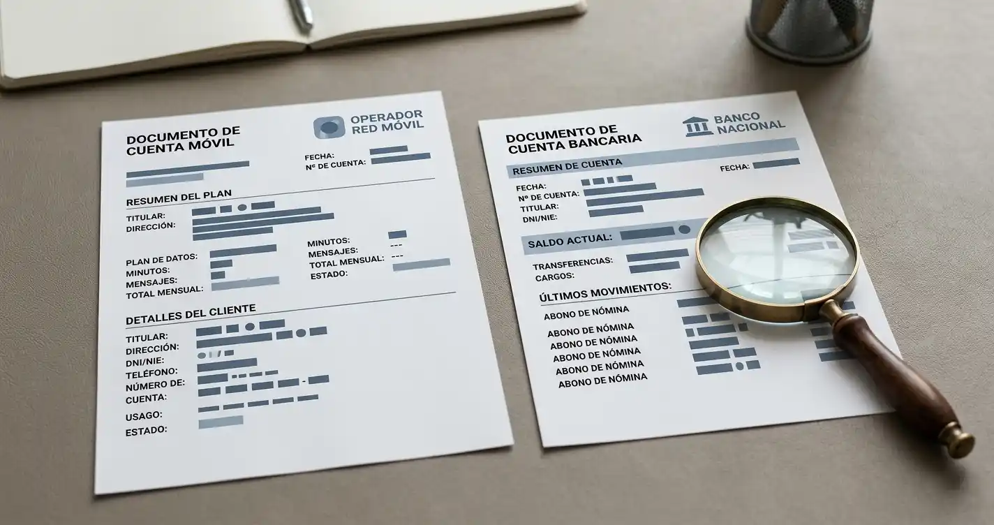 Documentos de titularidad de una línea y una cuenta bancaria junto a una lupa