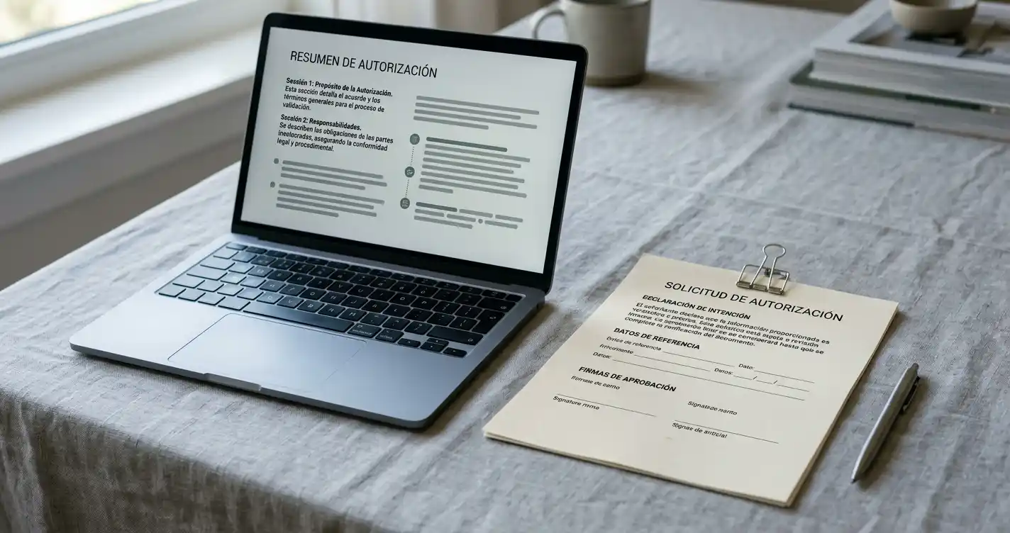 Documento de autorización ilustrativo junto a un portátil con información legal