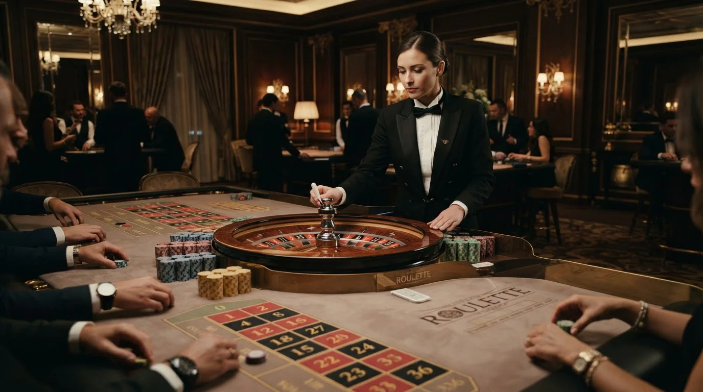 Mesa de ruleta con crupier y fichas, sin marcas de casino visibles