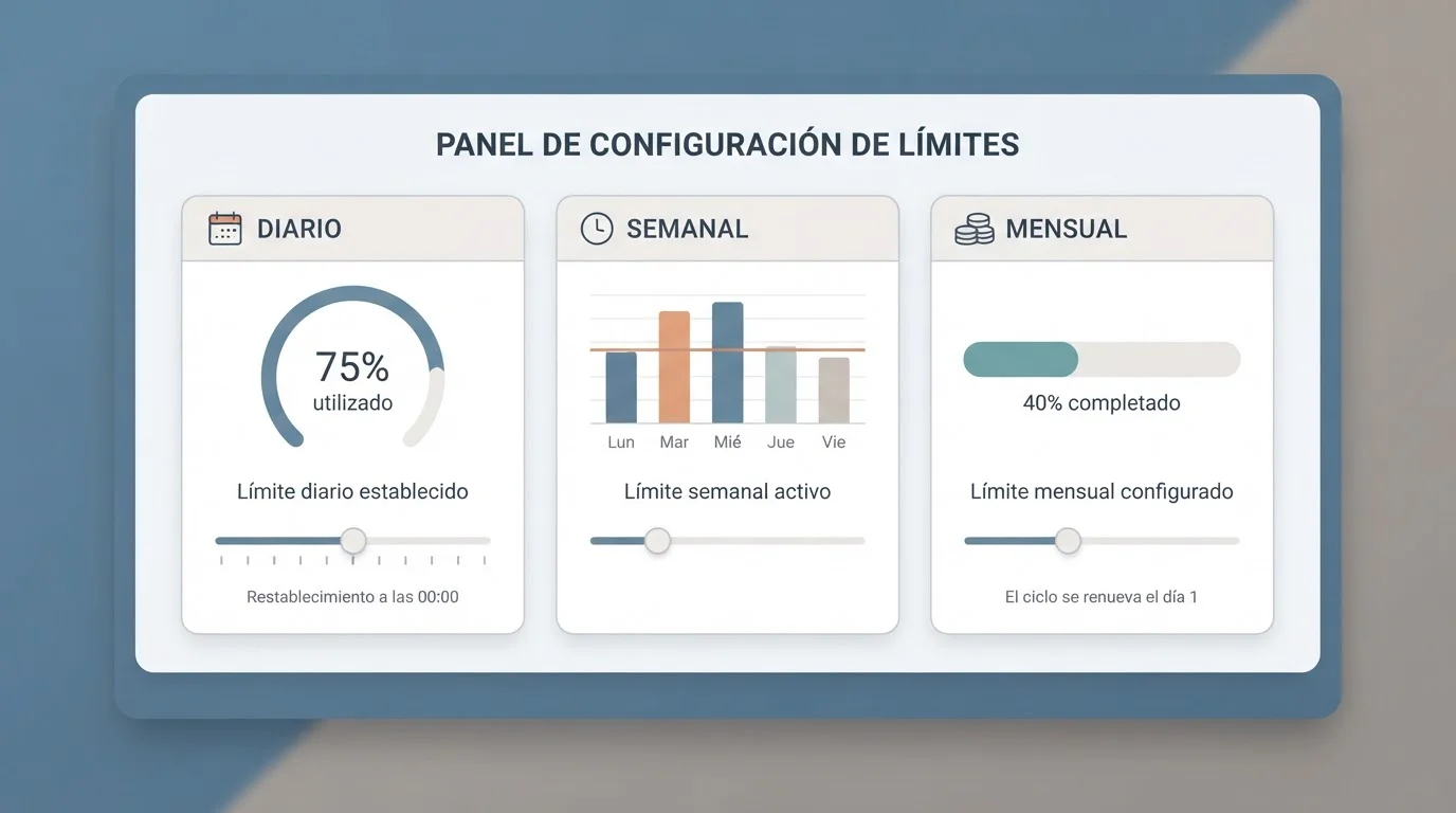 Panel de límites con periodos diario, semanal y mensual