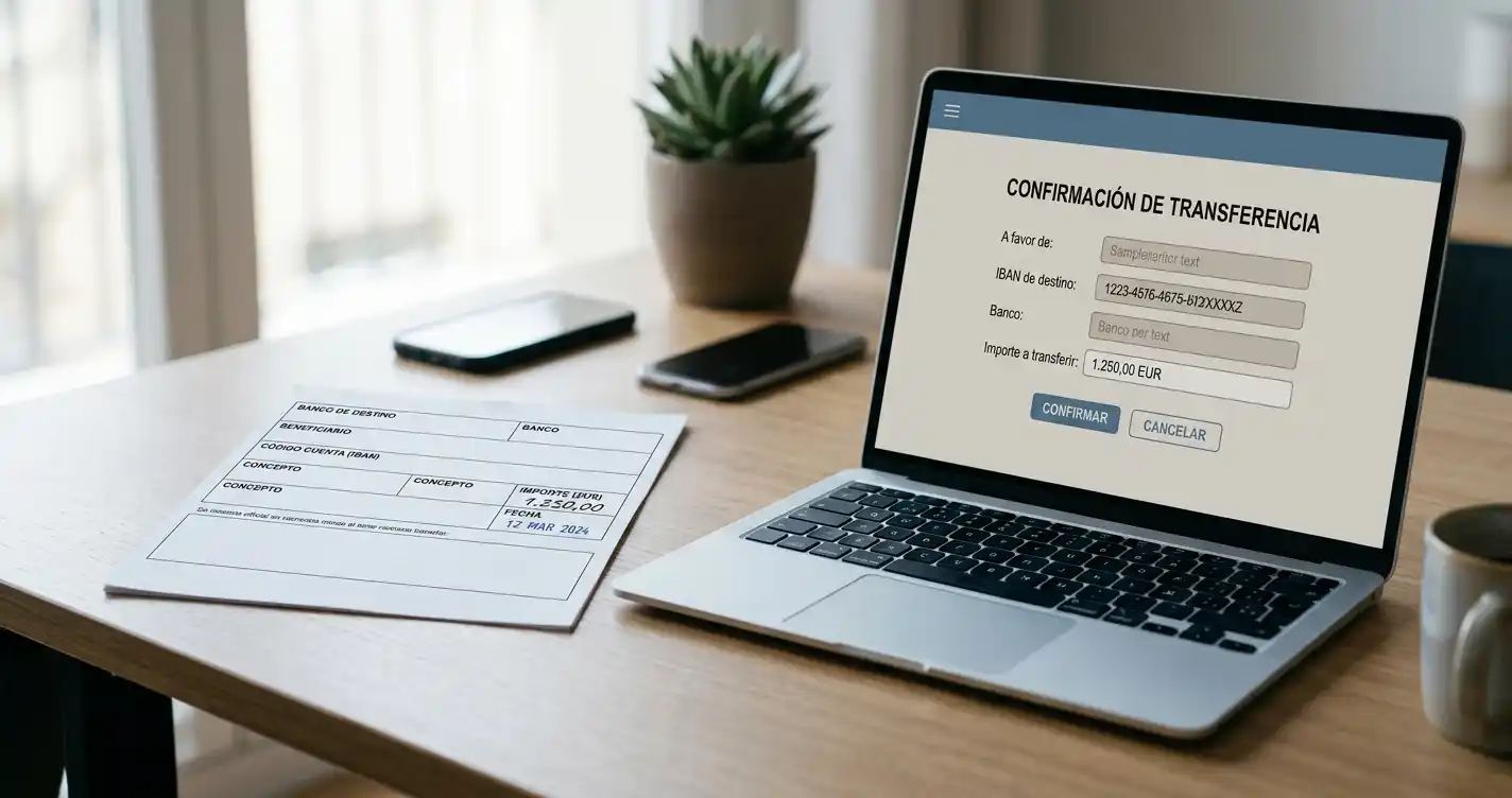 Documento de transferencia bancaria junto a un portátil con una pantalla de pago