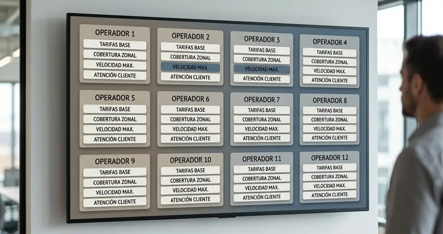 Cuadrícula de fichas ilustrativas de operadores con campos para comparar condiciones