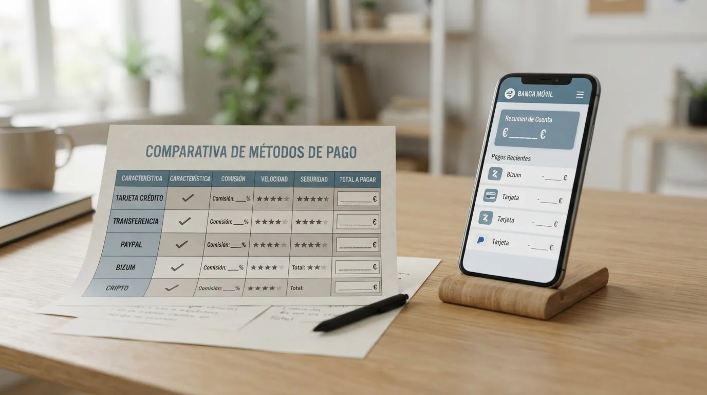 Tabla de métodos de pago junto a un móvil con una aplicación bancaria