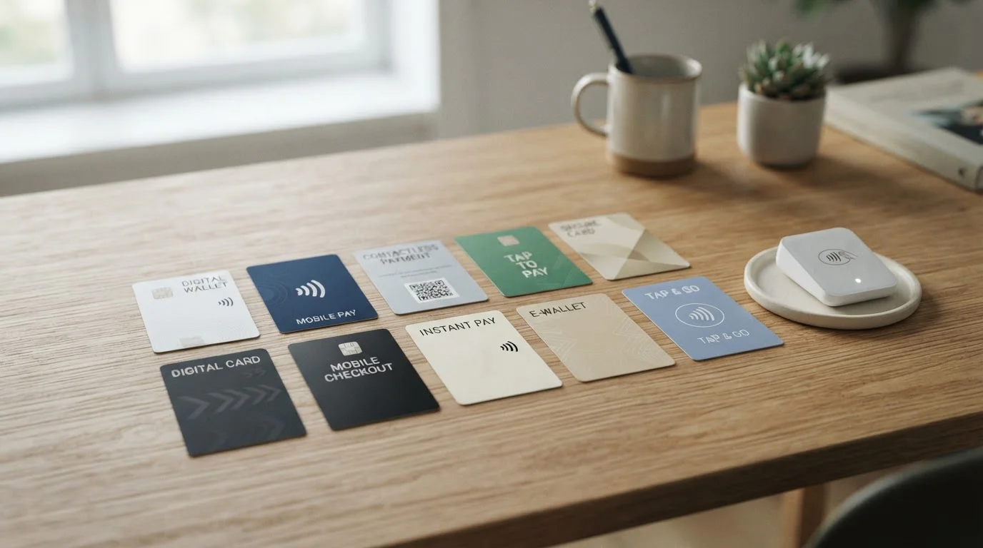 Fichas con iconos genéricos de tarjetas, monederos y pagos móviles