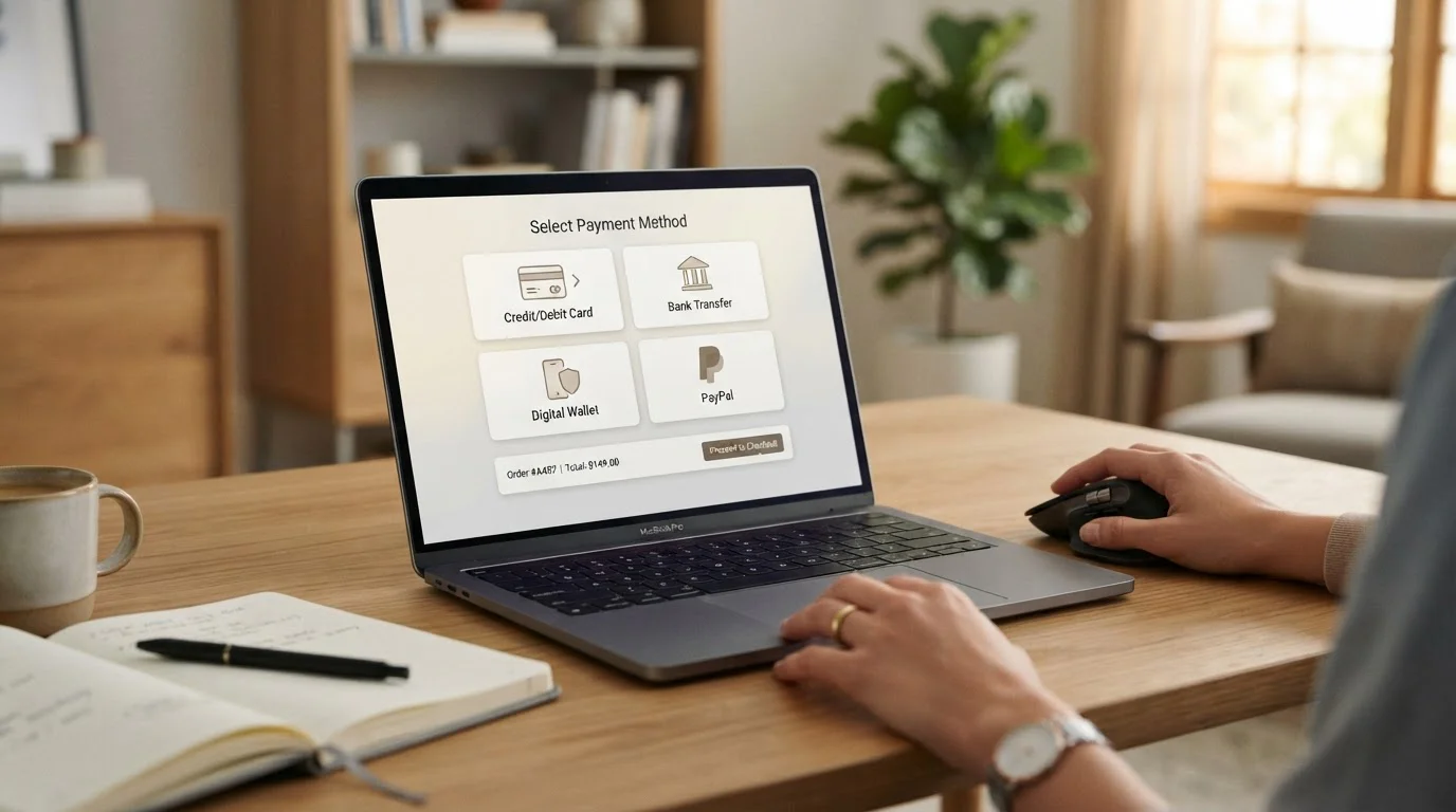 Portátil con un selector de métodos de pago e iconos genéricos