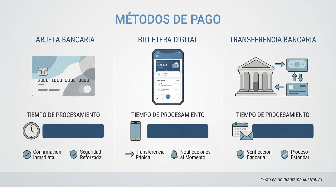 Tarjeta, monedero y transferencia junto a campos de tiempo de procesamiento