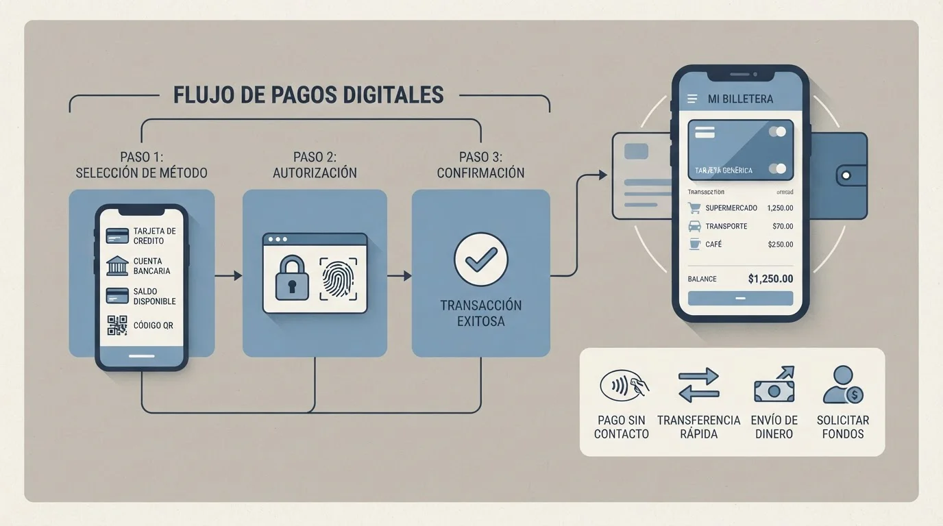 Iconos genéricos de monederos y pagos móviles alineados sobre un fondo neutro