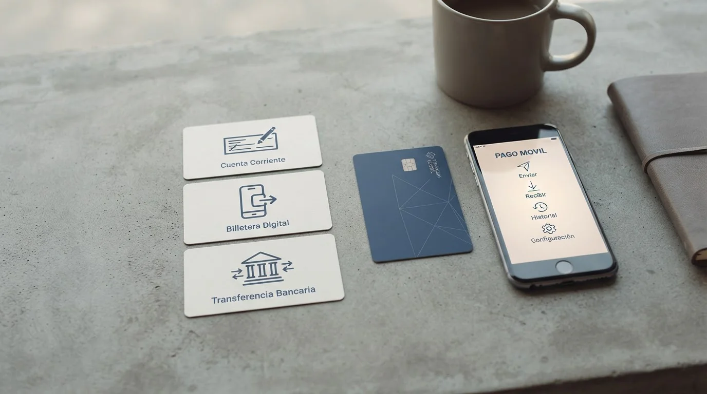 Iconos genéricos de pago junto a una tarjeta y un móvil