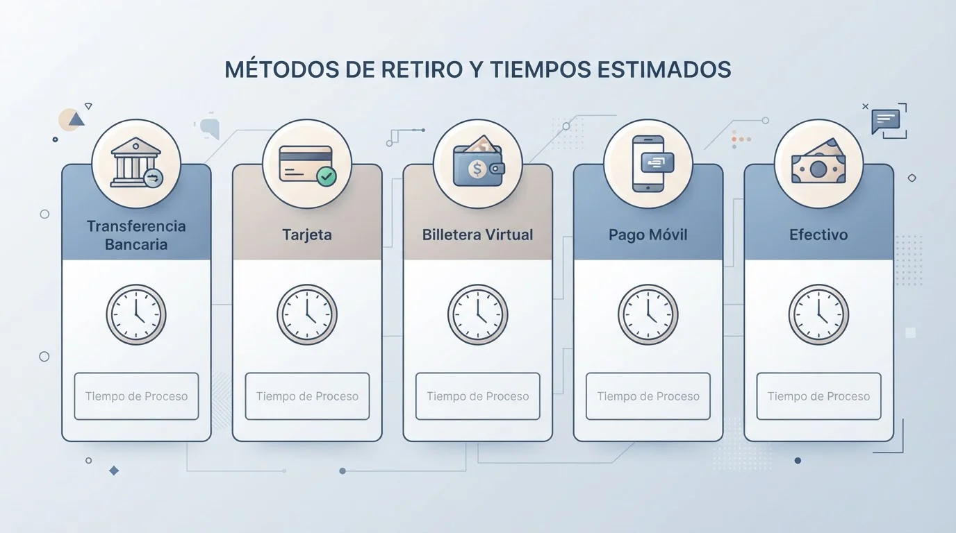 Cinco columnas de métodos de retirada con iconos de reloj