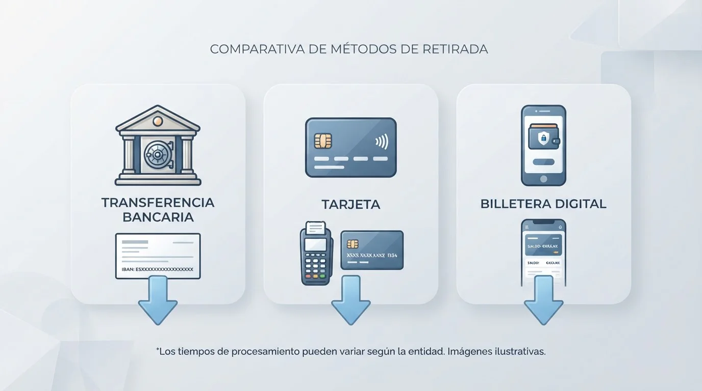 Iconos de transferencia, tarjeta y monedero digital junto a flechas de retirada