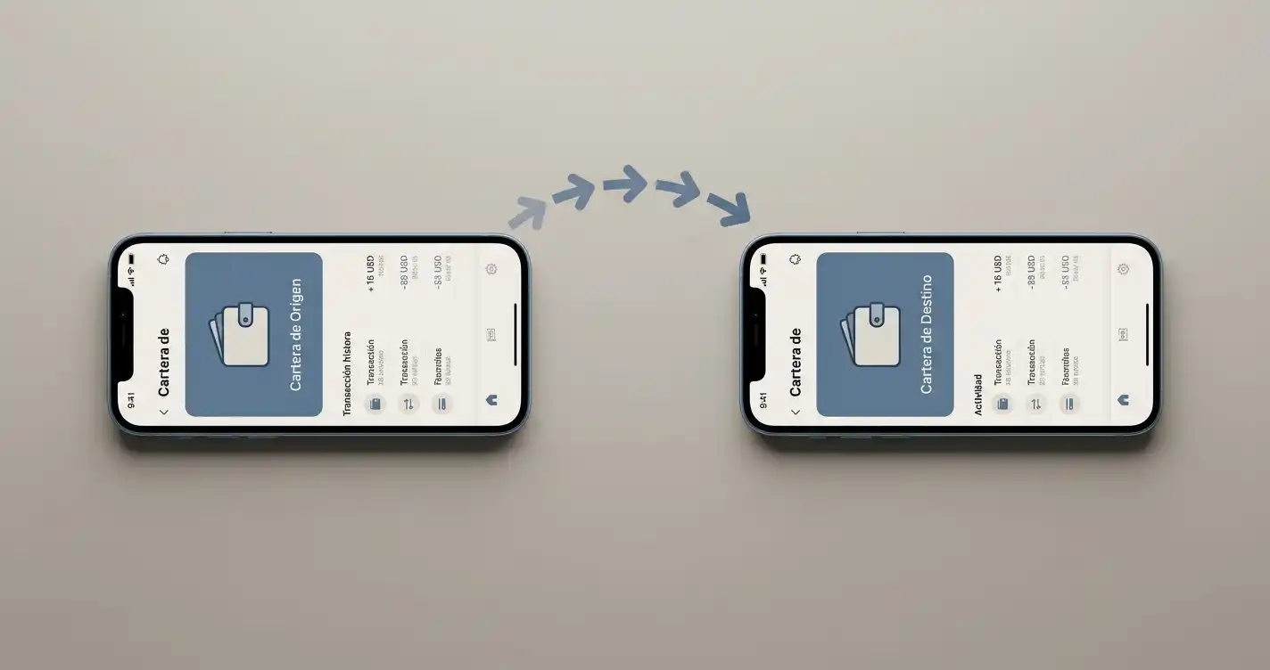 Dos dispositivos con monederos digitales conectados por flechas de transferencia