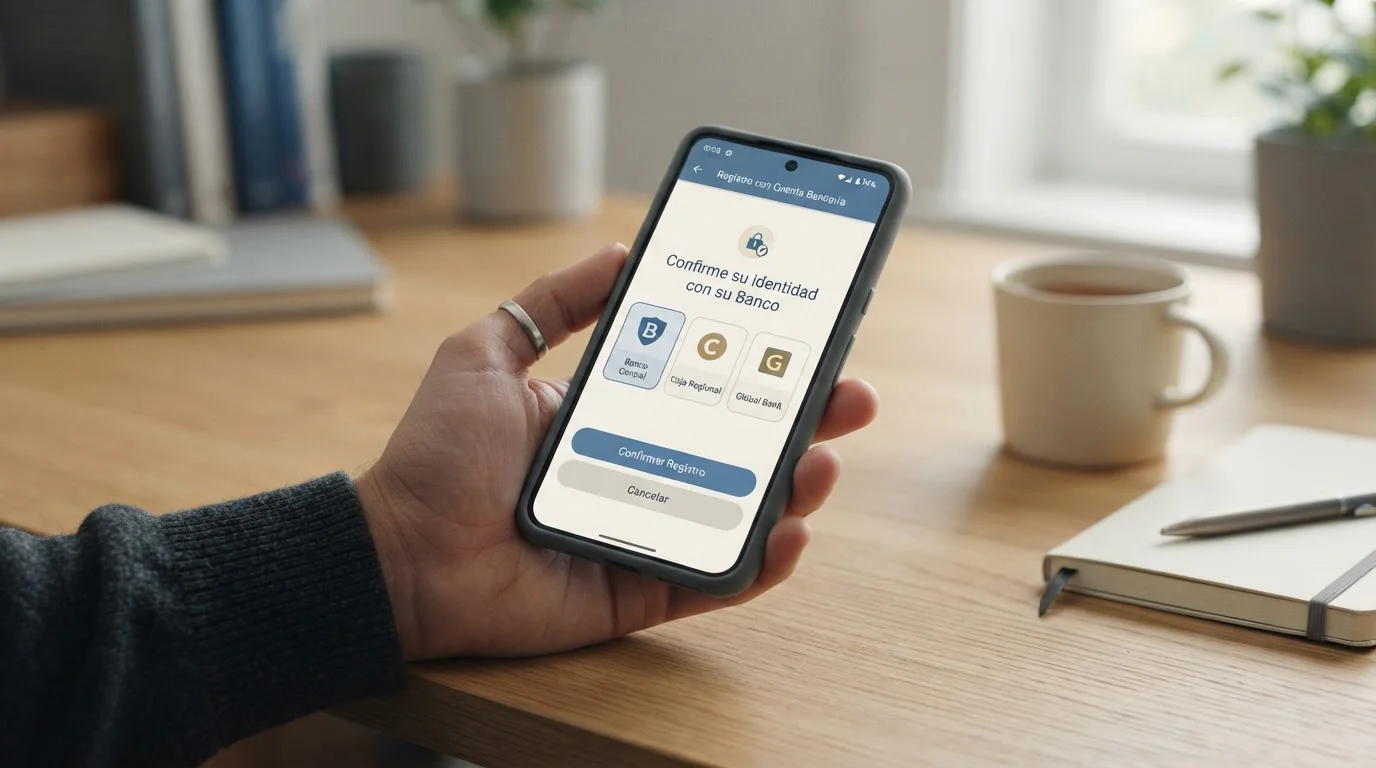 Móvil con una opción ilustrativa de registro mediante conexión bancaria