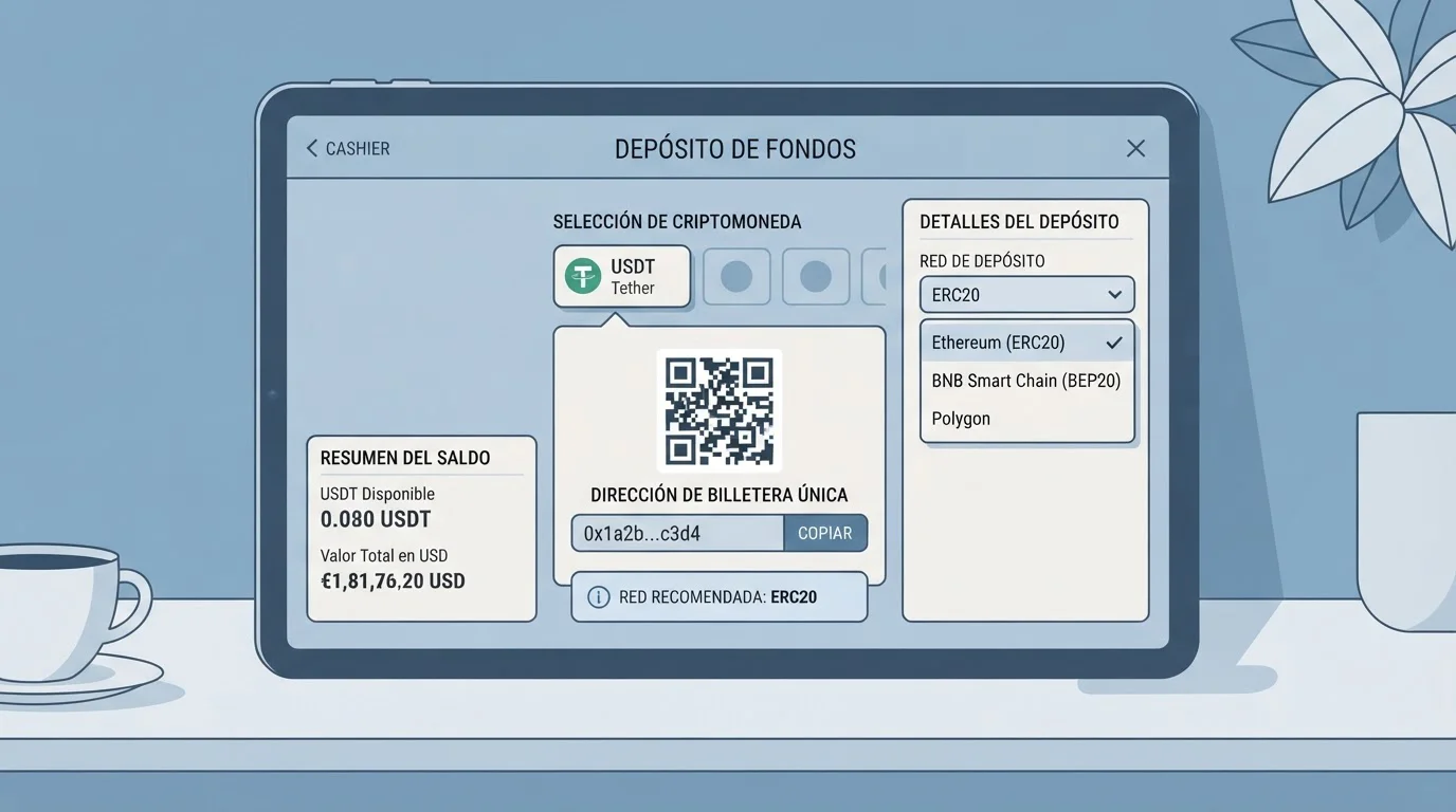 Caja de casino ilustrativa con USDT y un selector de red de transferencia