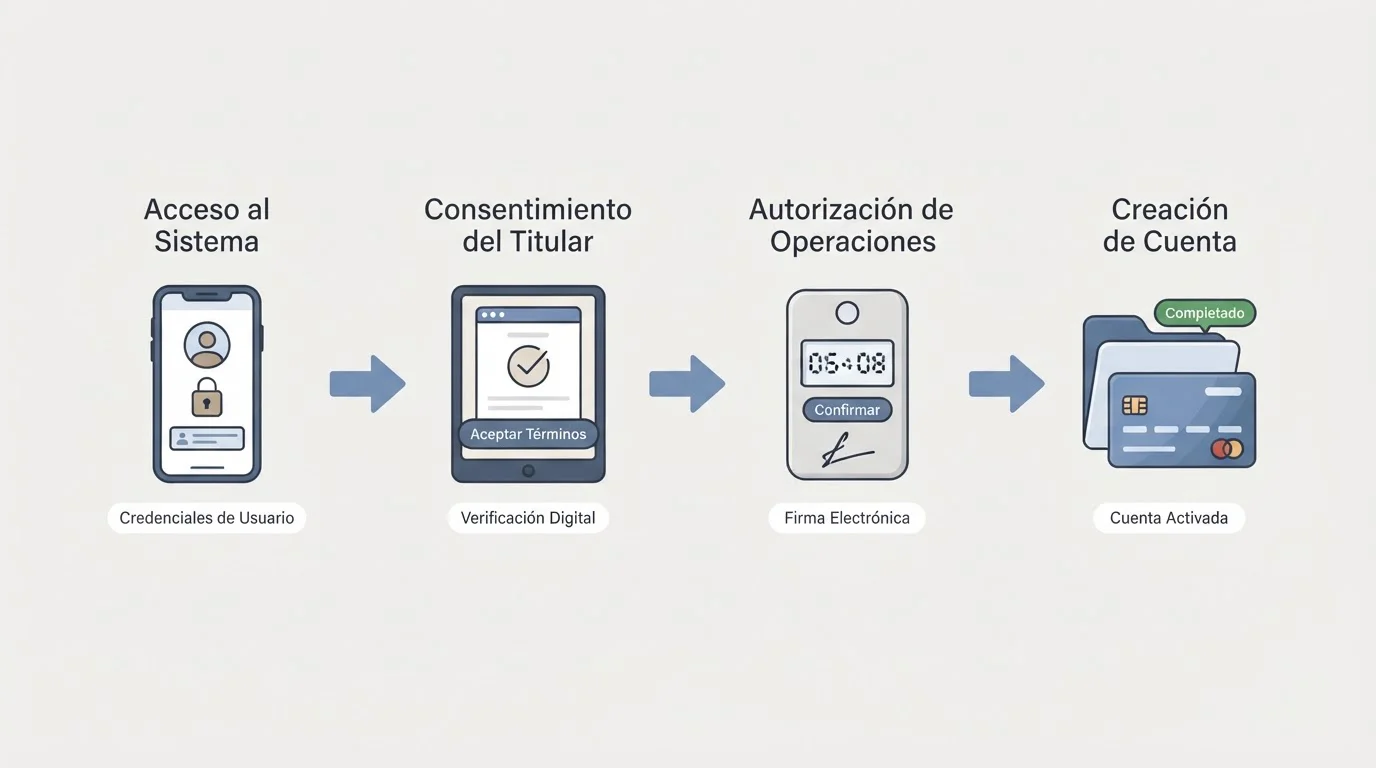 Esquema de acceso bancario, autorización y creación de cuenta conectado por flechas