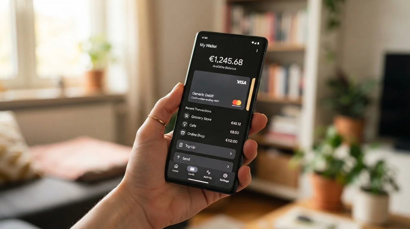 Móvil con un monedero digital y un campo de saldo en euros