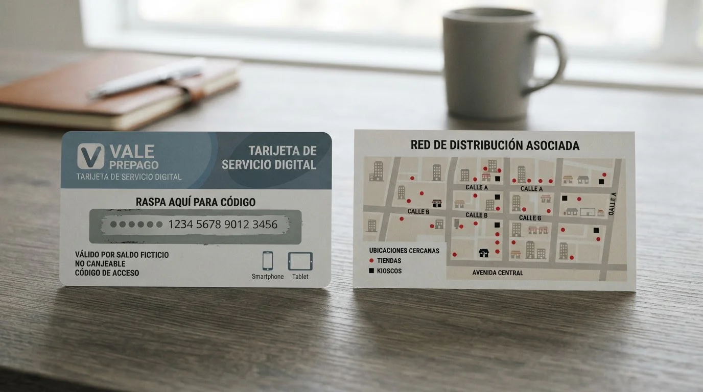 Cupón prepago con el código oculto junto a un mapa ilustrativo de comercios