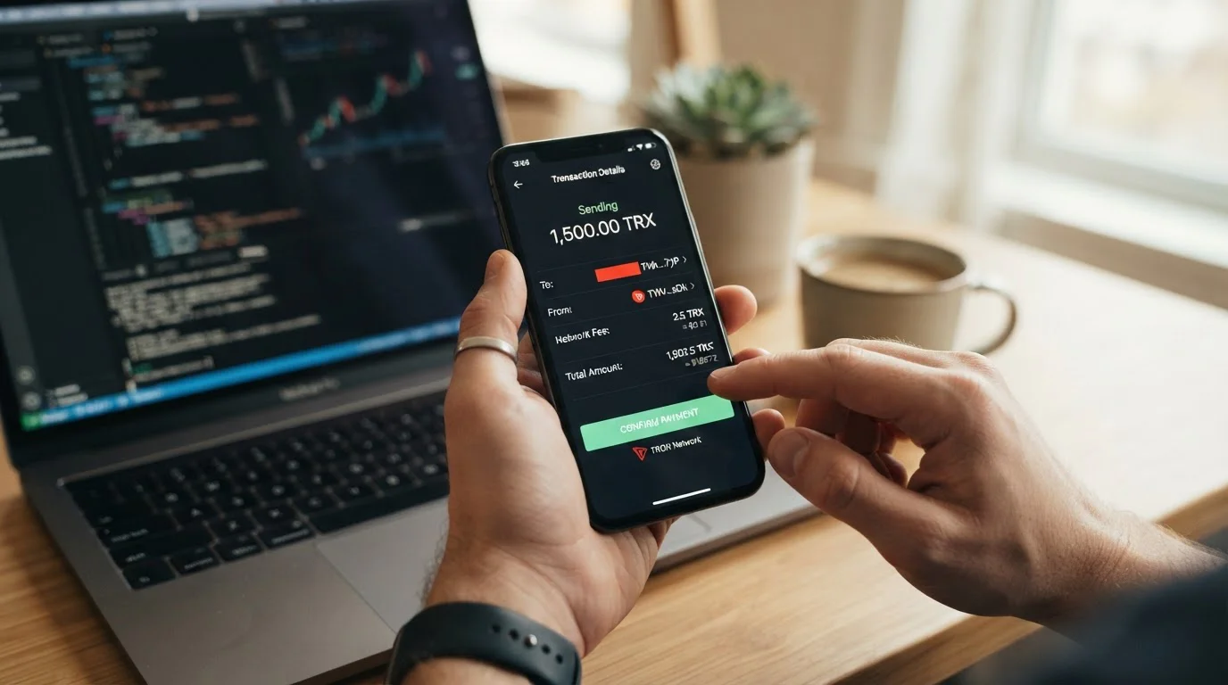 Manos sujetando un móvil con una pantalla de transferencia de criptomonedas