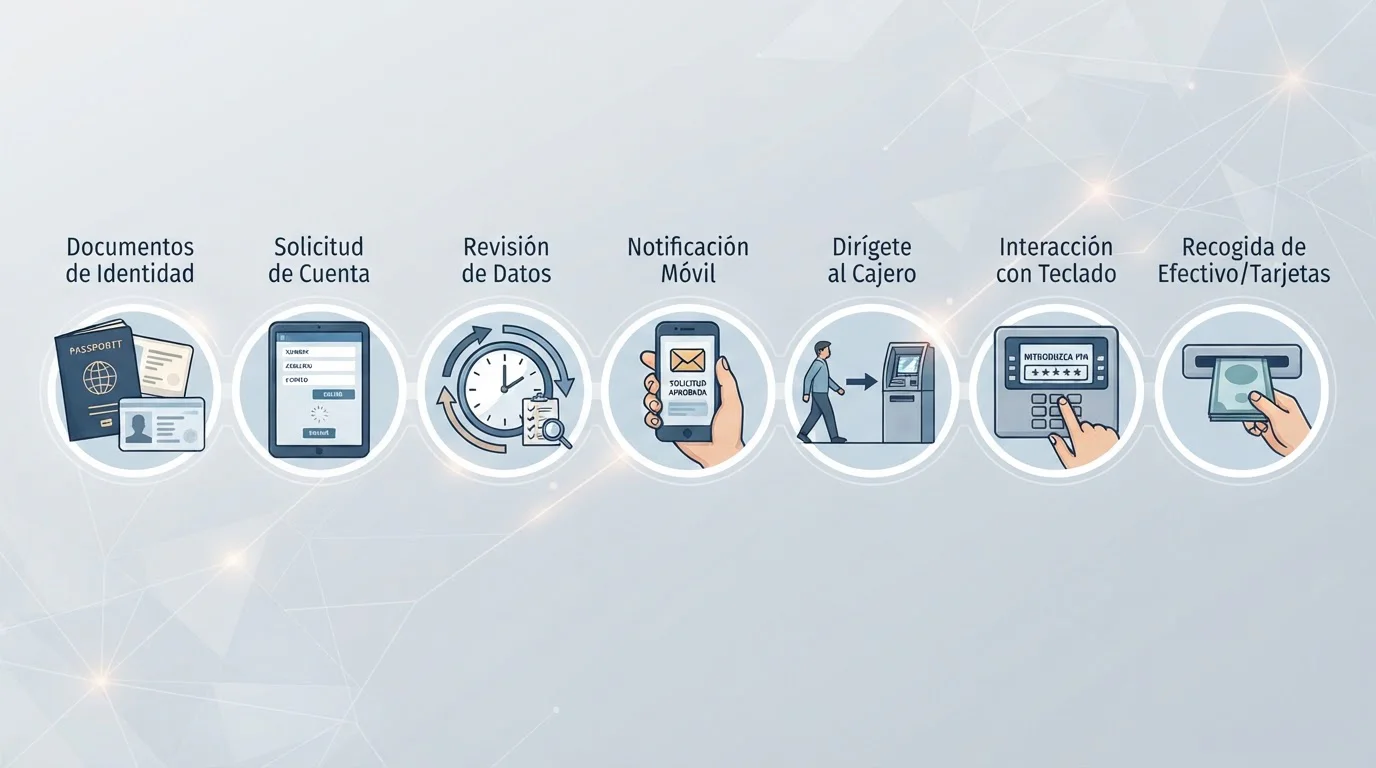 Siete iconos que representan las etapas de una retirada desde la solicitud hasta el cajero