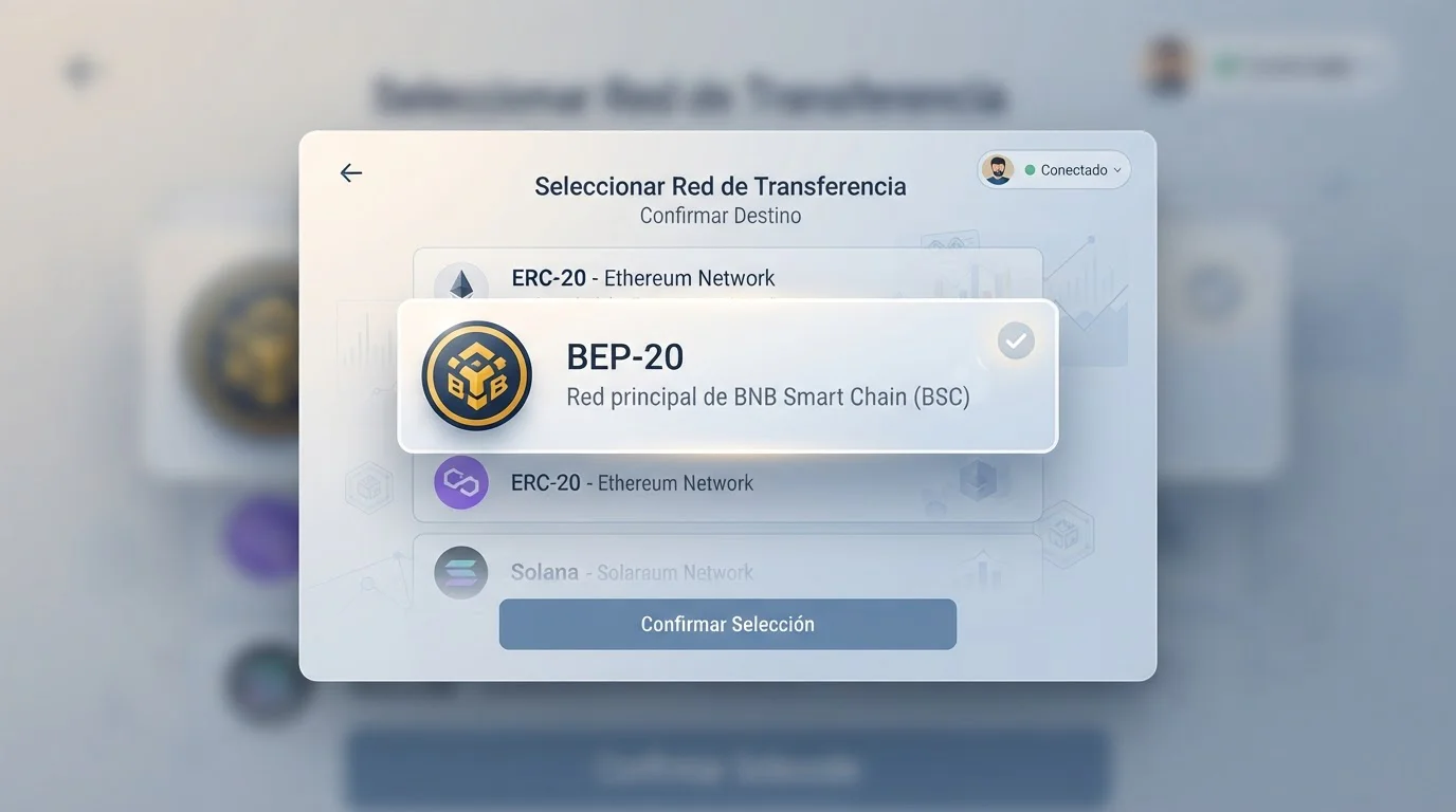 Selector de red de un monedero con BEP-20 resaltada antes de enviar BNB