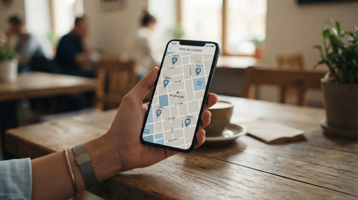 Móvil con un mapa ilustrativo y marcadores de cajeros automáticos