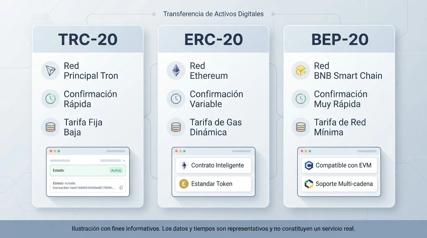 Tres columnas con las redes TRC-20, ERC-20 y BEP-20 e iconos de tiempo y coste