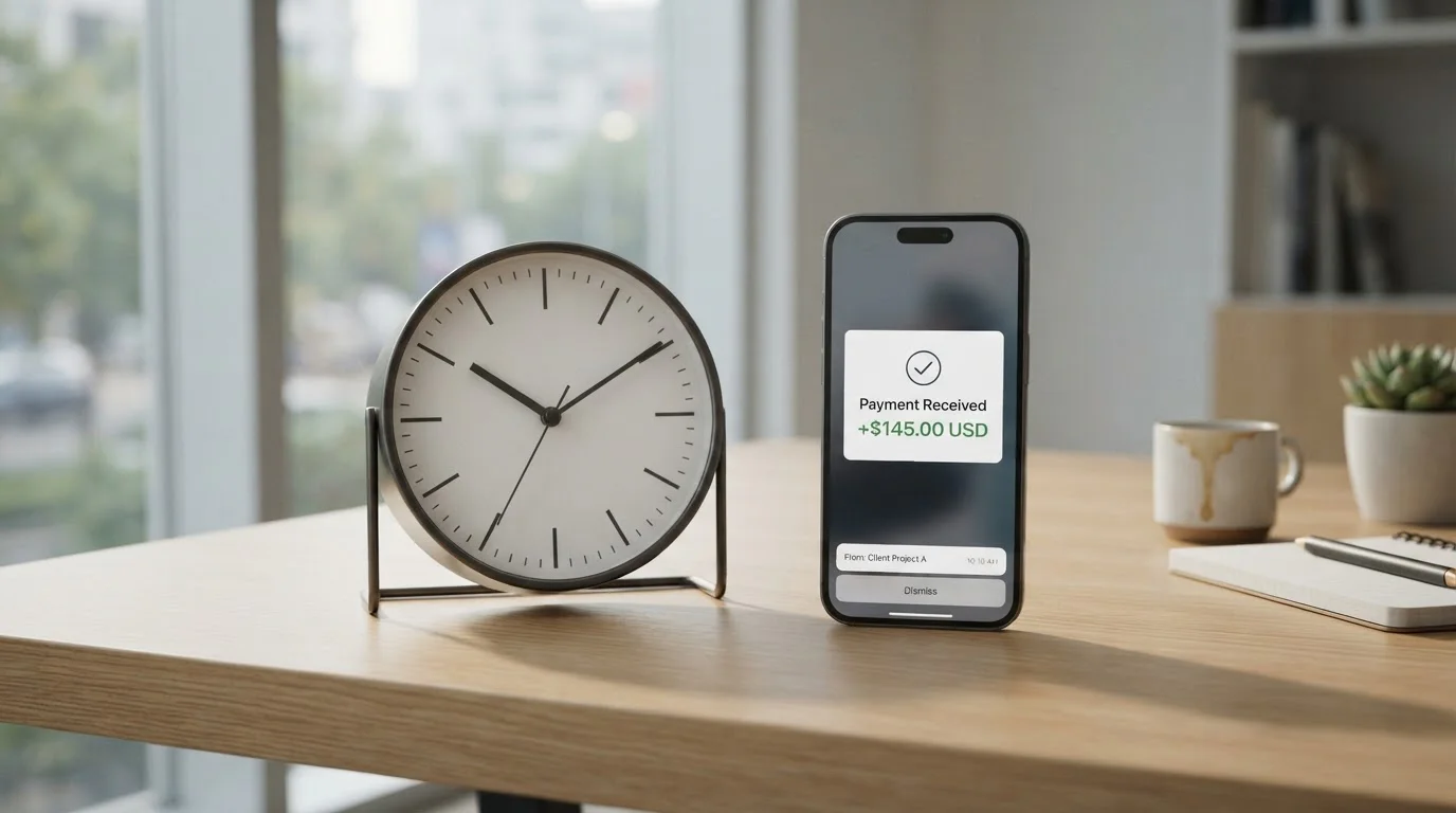 Reloj junto a un móvil con una notificación de pago recibido
