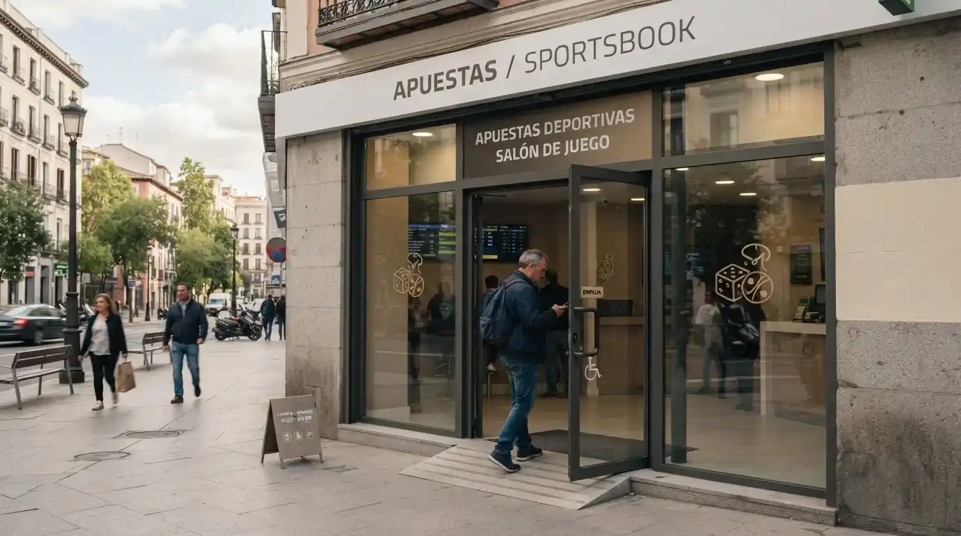 Persona entrando con un móvil en un local de apuestas sin marca visible