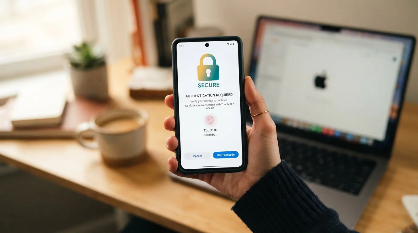 Móvil con una pantalla de autenticación bancaria y un icono de candado