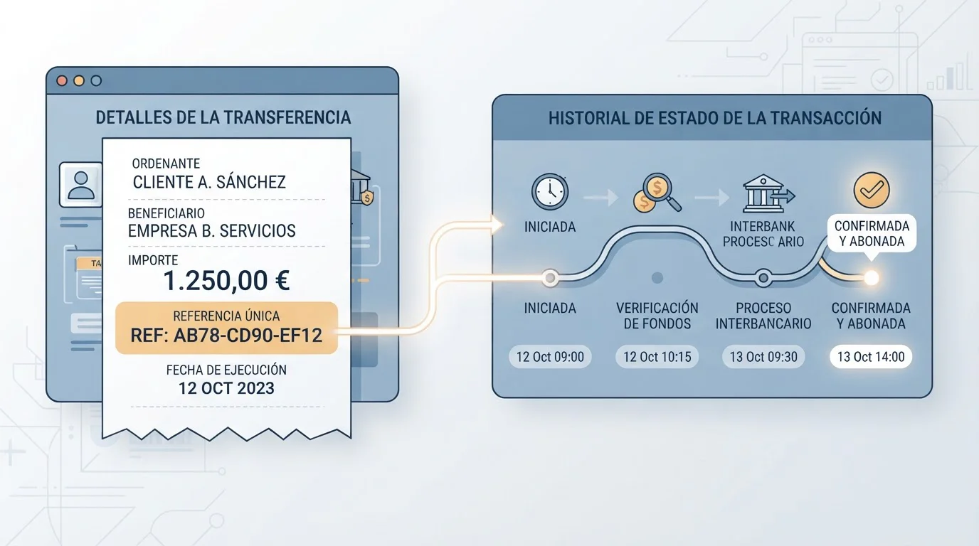 Justificante de transferencia con una referencia resaltada y un historial de estados