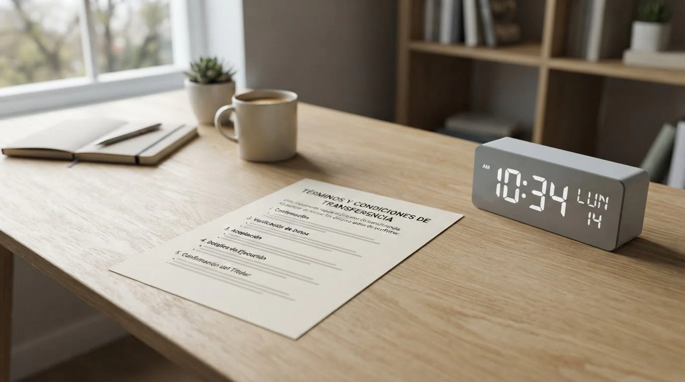 Documento de condiciones de transferencia junto a un reloj digital