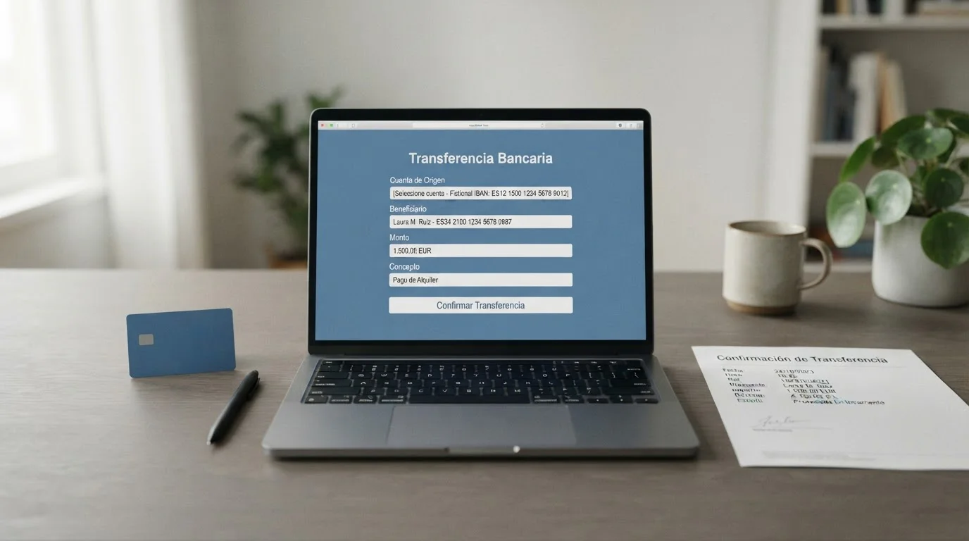 Tarjeta sin datos junto a un portátil y un documento de transferencia