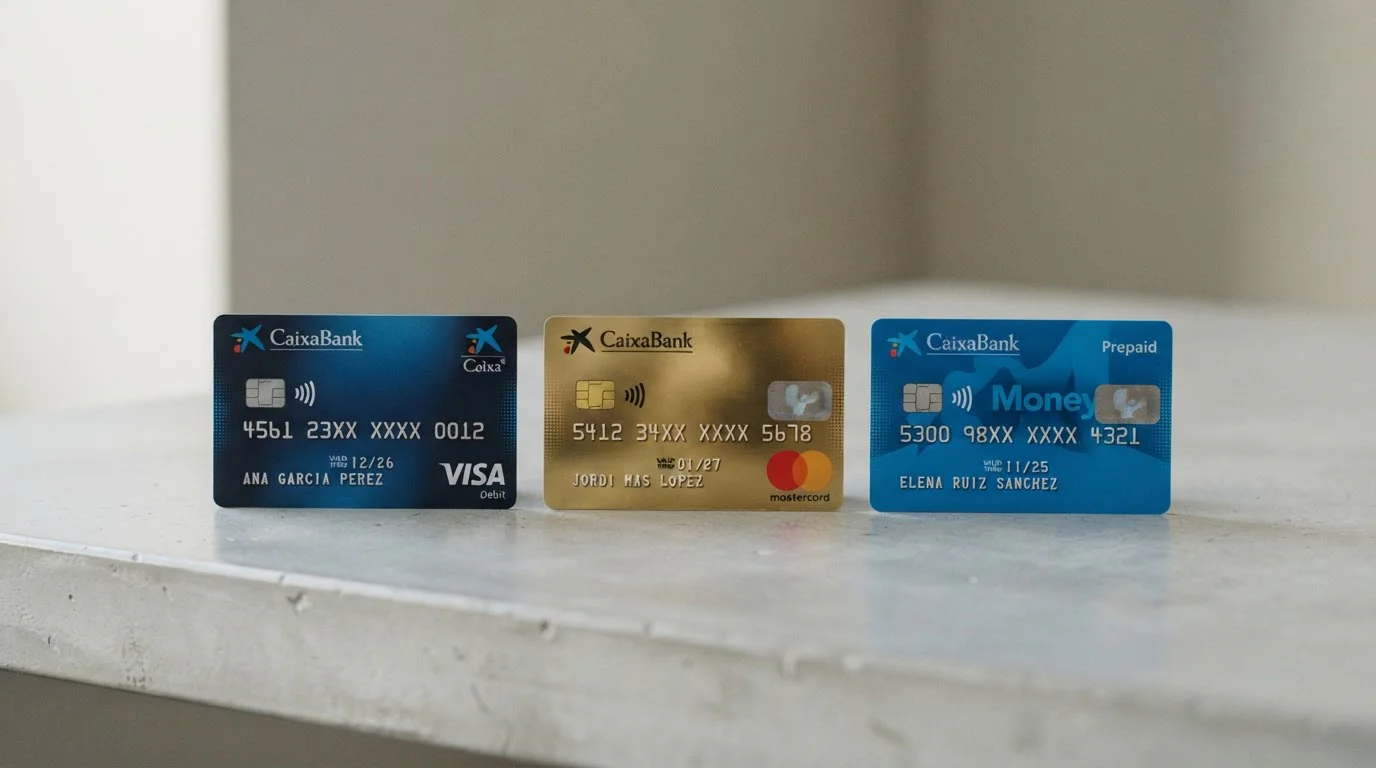 Tres tarjetas de débito, crédito y prepago sin datos personales visibles