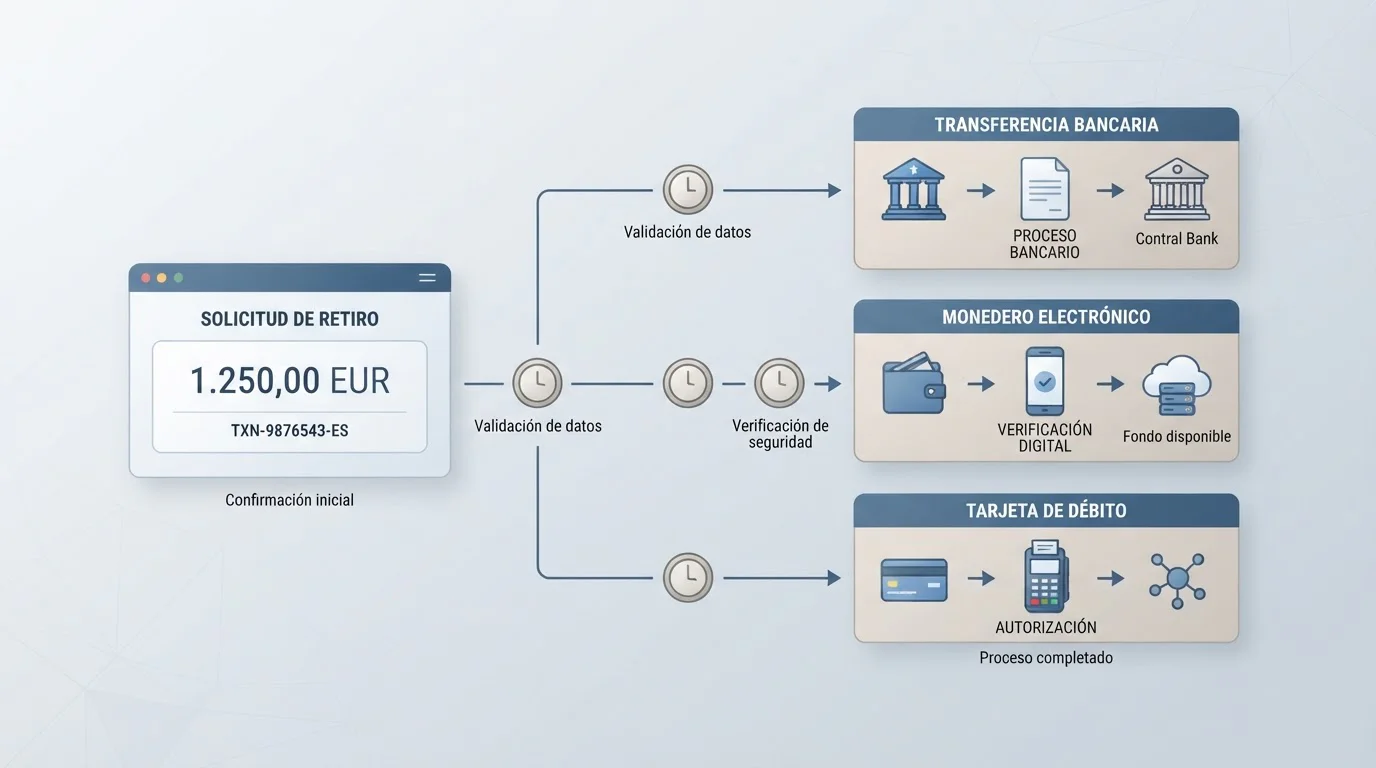Esquema de métodos de retirada con iconos de reloj y etapas de procesamiento
