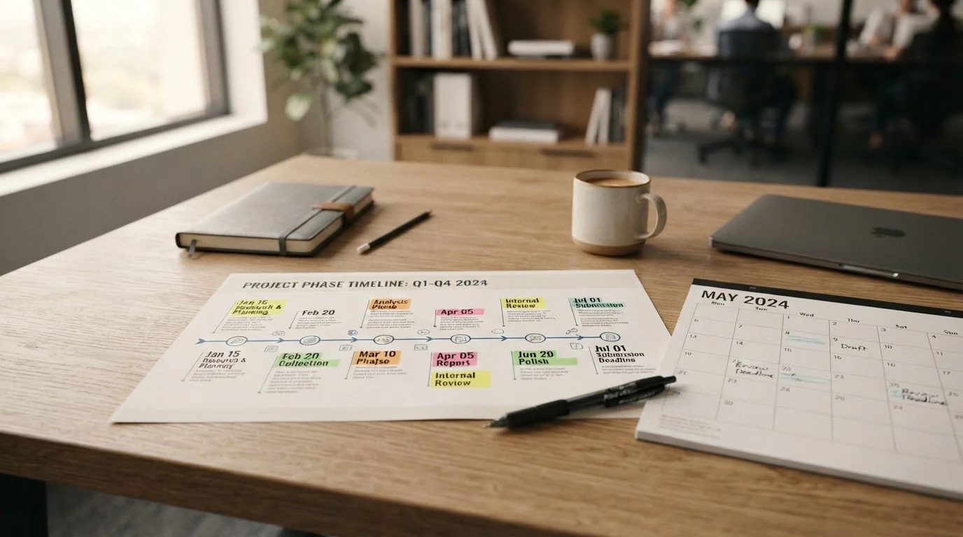 Cronología de una retirada con etapas resaltadas junto a un calendario