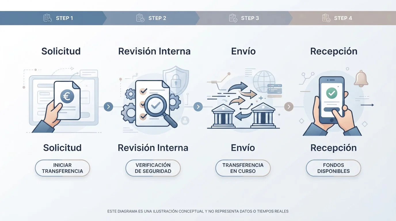 Cronología de una transferencia con solicitud, revisión y recepción separadas