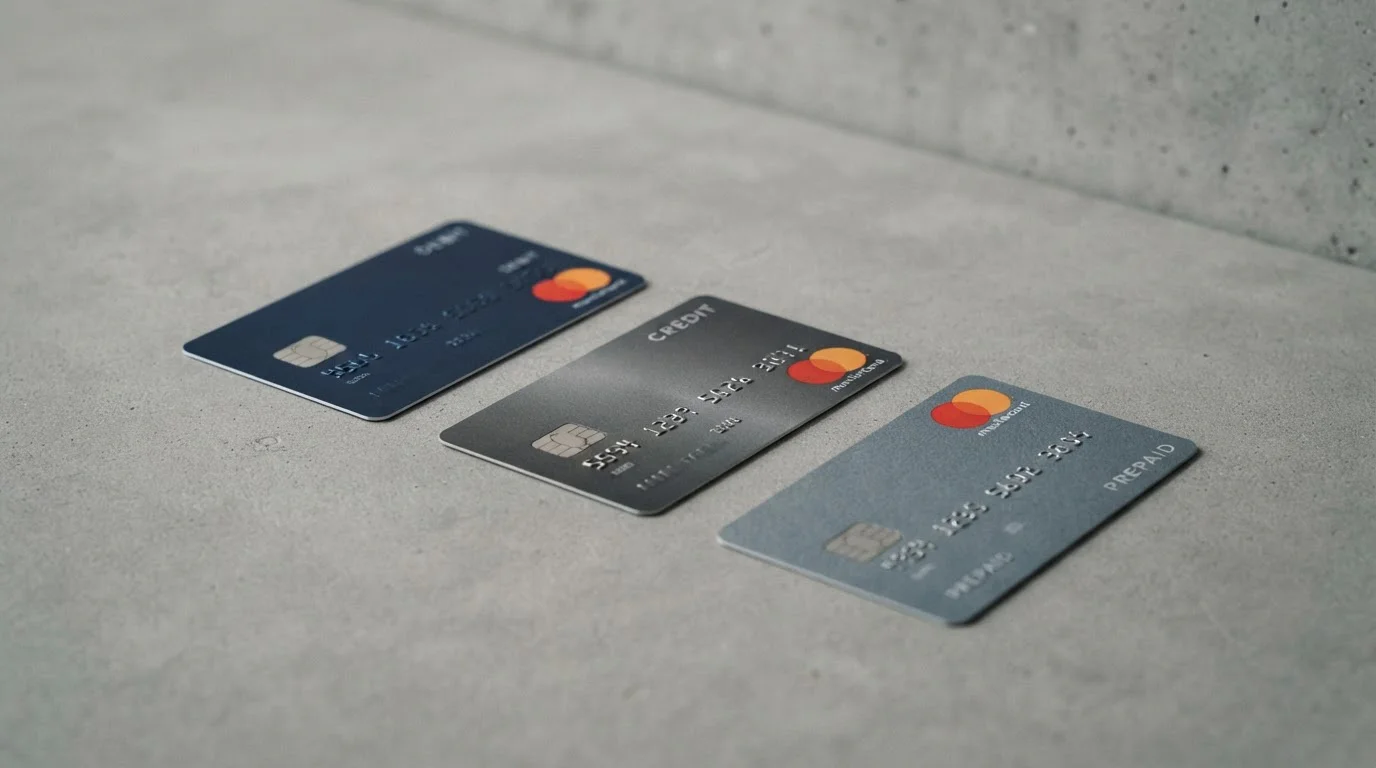 Tres tarjetas de débito, crédito y prepago dispuestas sobre una superficie gris