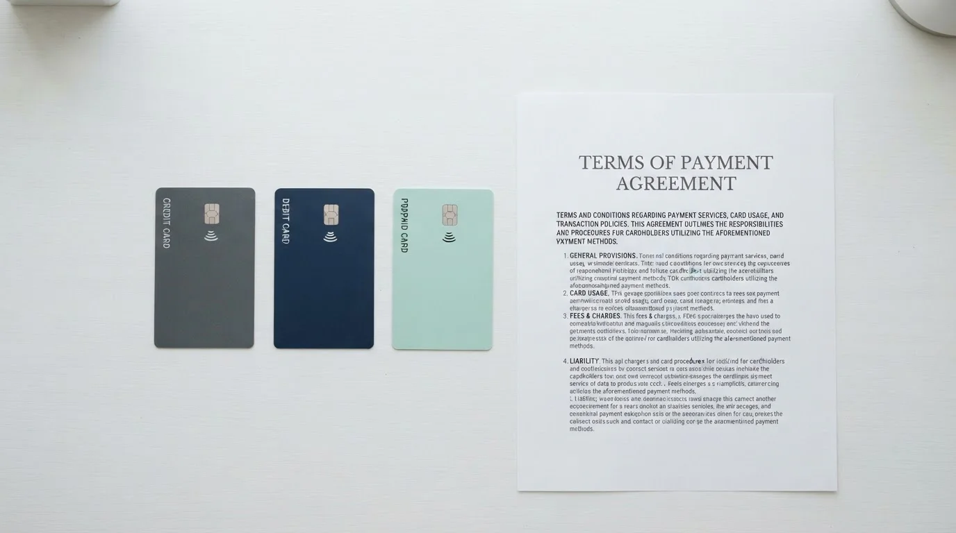 Tres tarjetas bancarias sin datos personales junto a un documento de condiciones