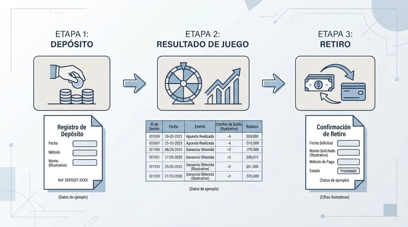 Esquema de depósito, resultado del juego y retirada unidos por flechas