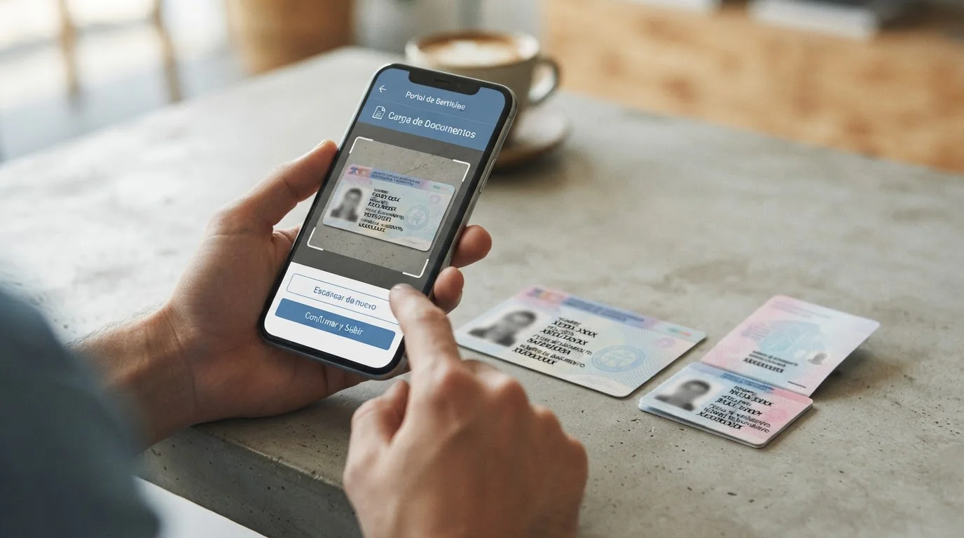 Manos usando una pantalla de verificación junto a documentos de identidad genéricos