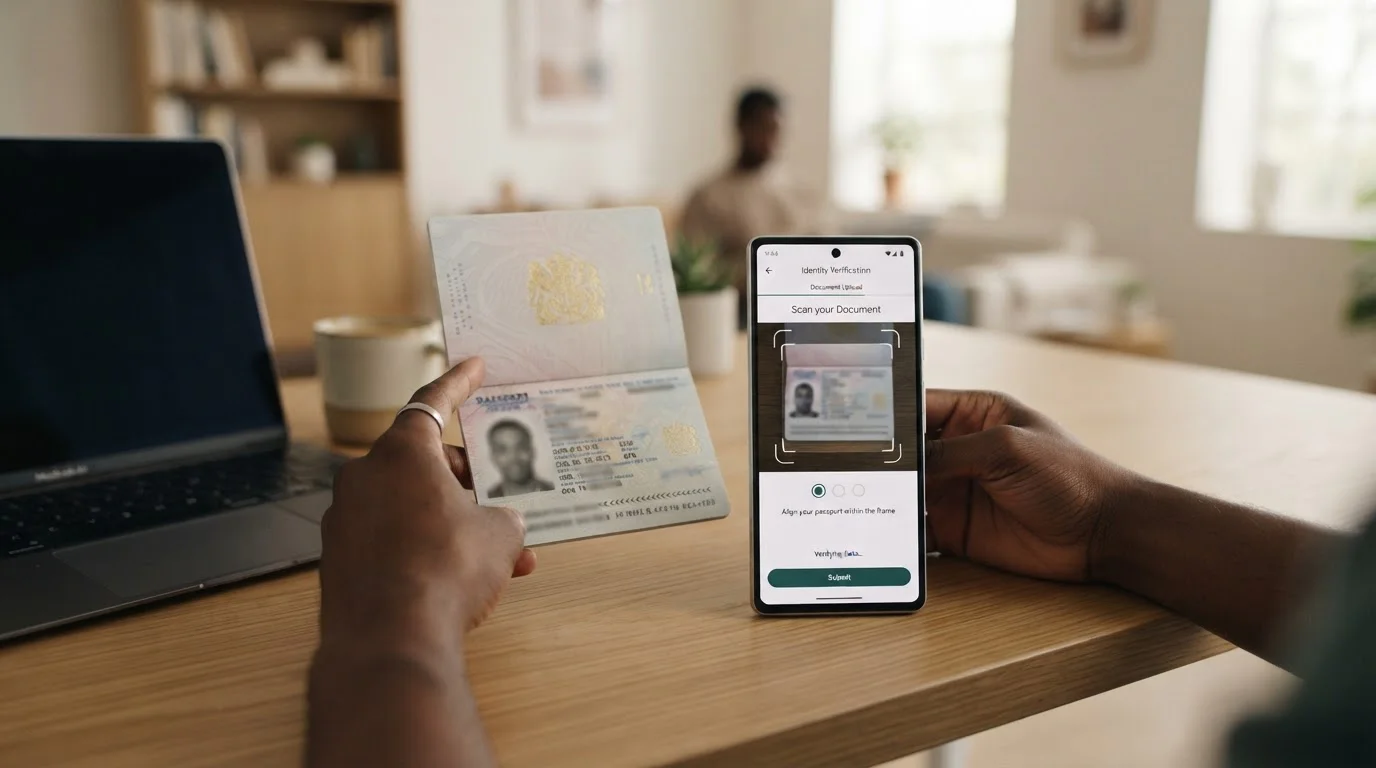 Documentos de identidad genéricos junto a un móvil con una pantalla de verificación