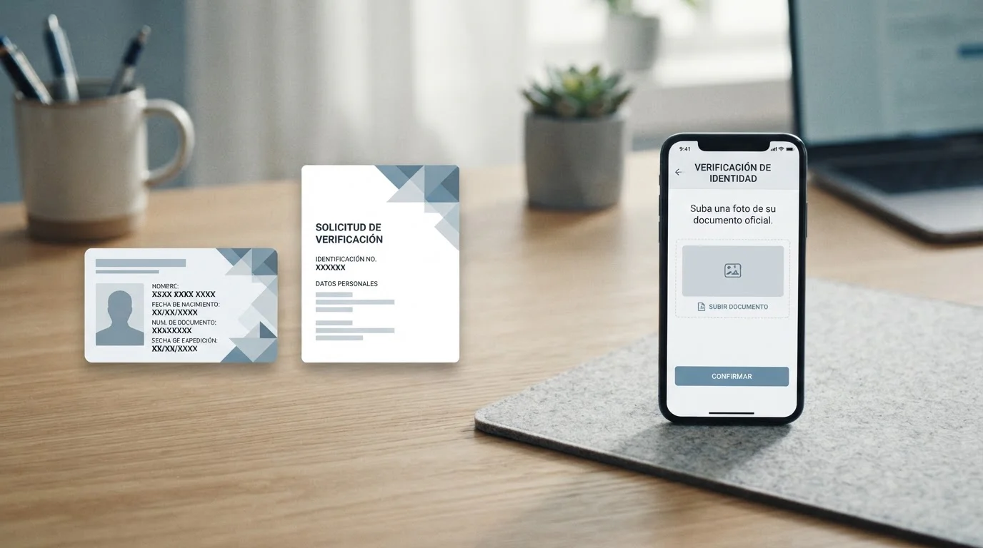 Documentos de verificación junto a un móvil con una pantalla de carga de archivos