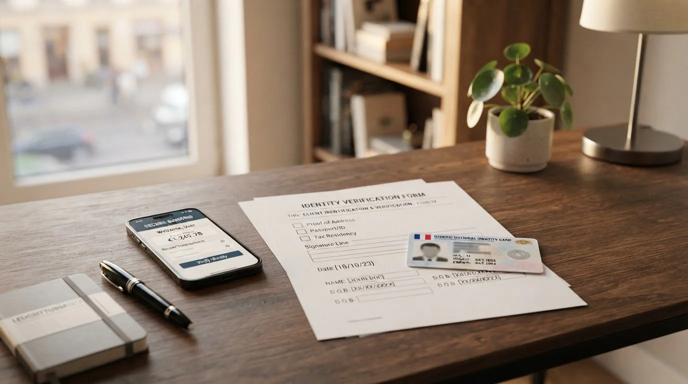 Documento de identidad genérico, formulario de verificación y móvil con aplicación bancaria
