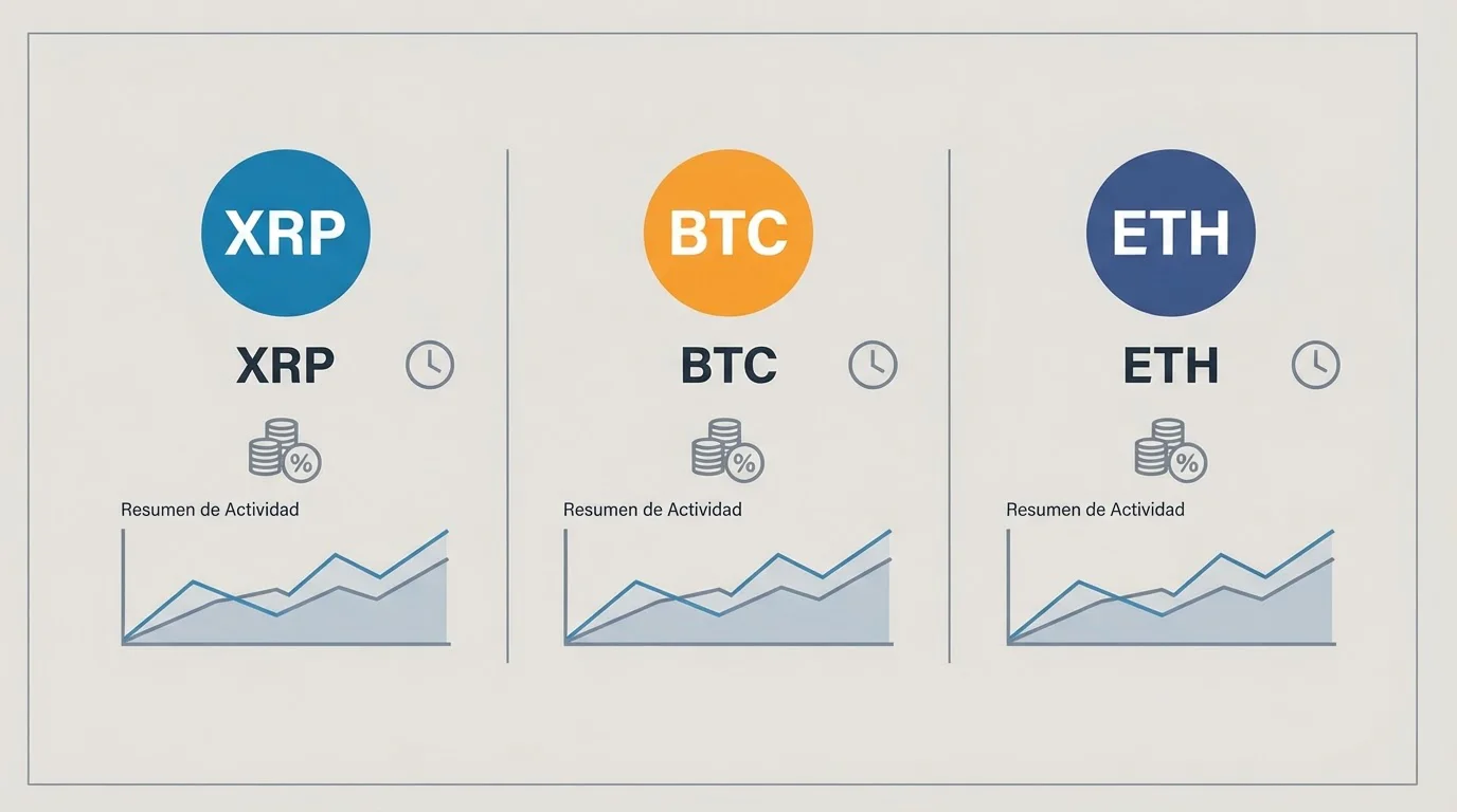XRP, Bitcoin y Ethereum junto a iconos de tiempo y coste de red